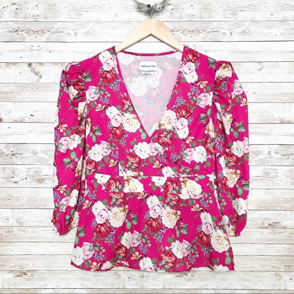 Valencia & Vine Floral Wrap Blouse Pink Puff Sleeve Preppy Twee Romantic Size M - Picture 1 of 12